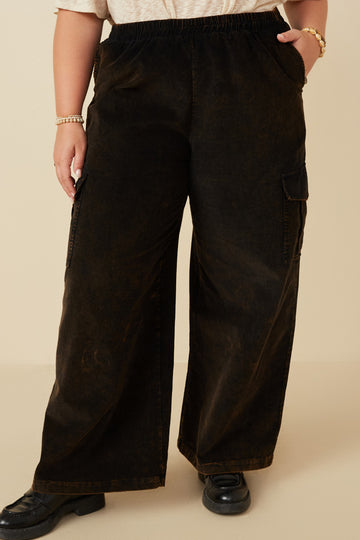 HY7600 Black Womens Washed Corduroy Wide Leg Cargo Pants Front